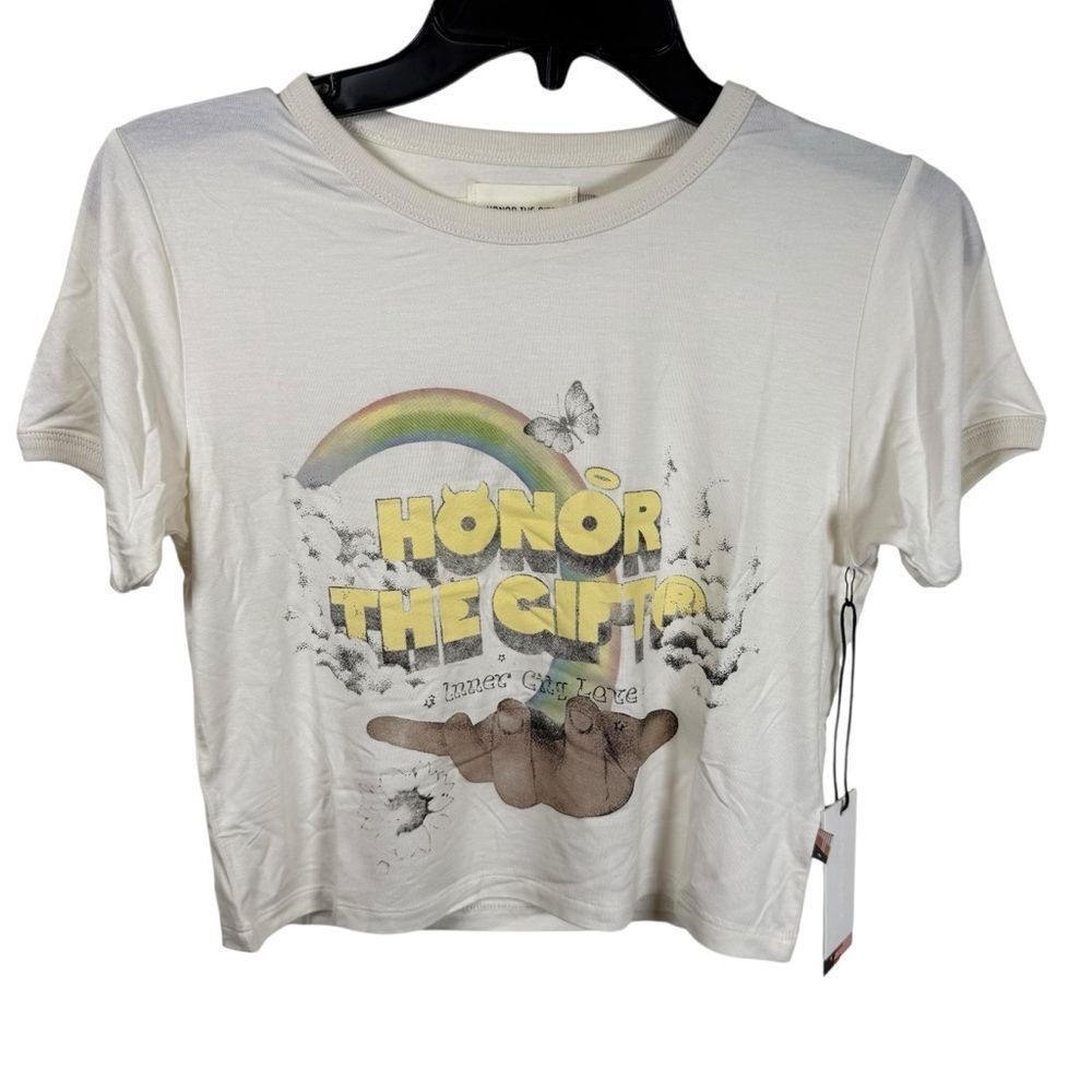 NWT Honor The Gift White Super Soft Crop Tee w/ Rainbow Graphic Size Medium